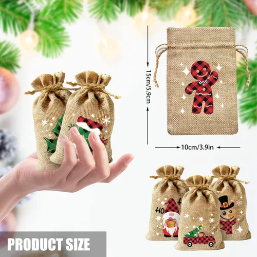 Vista 2 de KIMOBER 36 bolsas de regalo de arpillera de Navidad, bolsa de lino de yute para dulces con doble cordón para recuerdos de fiesta de Navidad
