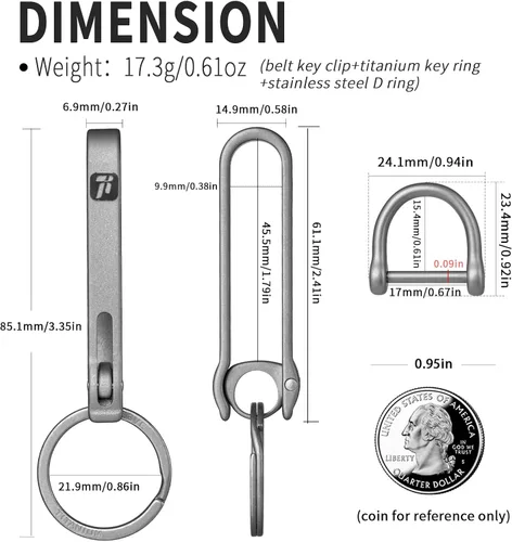 Vista 2 de Belt Key Holder,Titanium Belt Loop Keychain Clip,EDC Quick Release Belt Key Chain,Belt Key Clip with D ring for Men