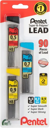 Pentel Super Hi-Polymer - Recambio de plomo para lápiz mecánico de 0.020 in, 0.028 in, 0.035 in - 90 repuestos de plomo (30 de cada tamaño)