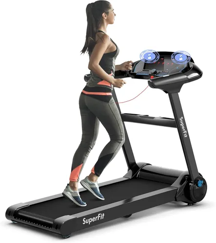 Vista 7 de Caminadora plegable, caminadora inclinada motorizada de 2.25 HP con pantalla táctil LED y altavoz Bluetooth, máquina portátil compacta para el hogar