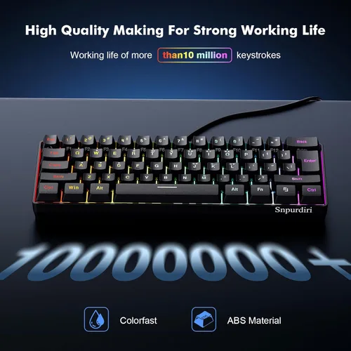 Vista 4 de Snpurdiri Teclado para juegos 60% con cable, mini teclado ultracompacto retroiluminado RGB, impermeable, pequeño, compacto, 61 teclas para jugadores