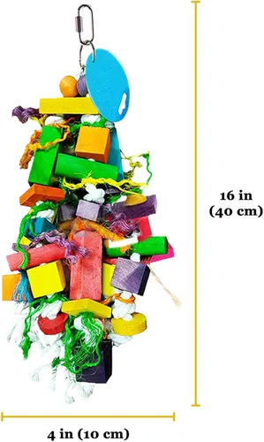 Vista 7 de SunGrow Juguete de loros – Juguete de forraje y masticación para pájaros con bloques de madera y cuerda de algodón, accesorio de jaula colgante