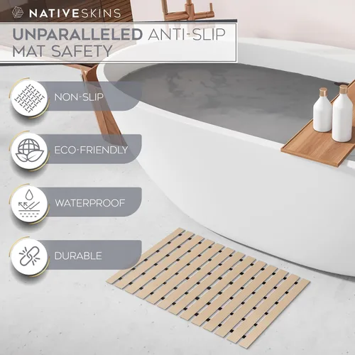 Vista 7 de Tapete de ducha de bambú sintético (beige), forro de seguridad antideslizante, impermeable, de secado rápido, tapete de baño de listones
