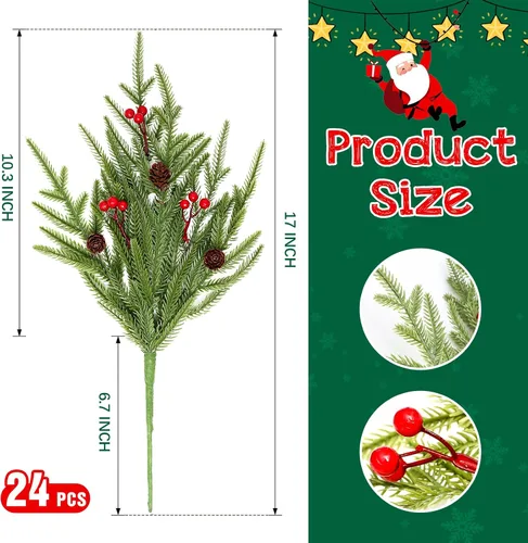 Vista 3 de 24 piezas de tallos de pino Norfolk, ramas de pino artificiales de Navidad de 17", tallos de vegetación artificial de imitación, tallos de cedro