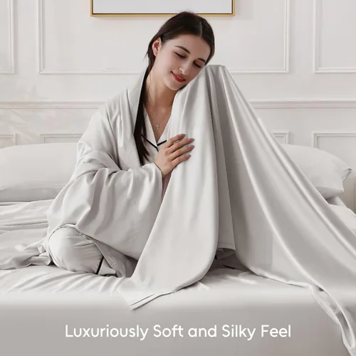 Vista 4 de Juego de sábanas King de 4 piezas 100% viscosa orgánica derivada de bambú, ultra suaves y refrescantes, bolsillo profundo para colchones de 16