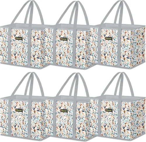 Vista 29 de BALEINE Paquete de 3 bolsas de comestibles reutilizables, bolsas de compras plegables para comestibles con parte inferior reforzada y asas (azul)