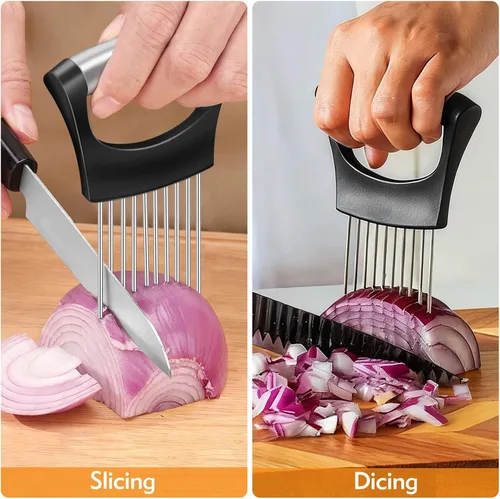 Vista 2 de Soporte de cebolla para rebanar, cortador de cebolla de acero inoxidable, soporte para rebanar cebollas con cubierta protectora, picador de verduras