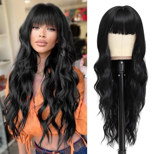 Vista 23 de NAYOO Pelucas marrones con flequillo para mujer, pelucas de cabello largo y ondulado, resistentes al calor, pelucas de fibra sintética para uso