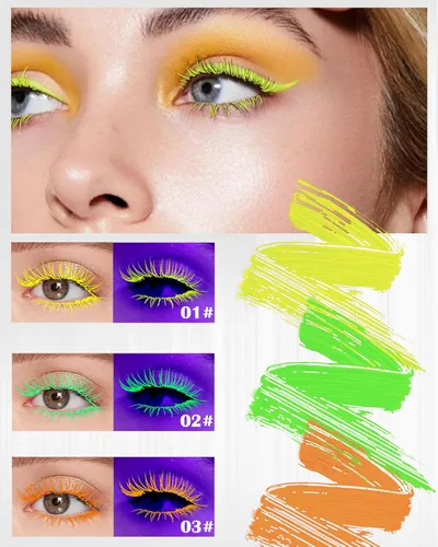 Vista 2 de Máscara de pestañas de color con brillo UV, volumen y longitud, 3 unidades, amarillo, verde, naranja, resistente al agua, para pestañas, rizado