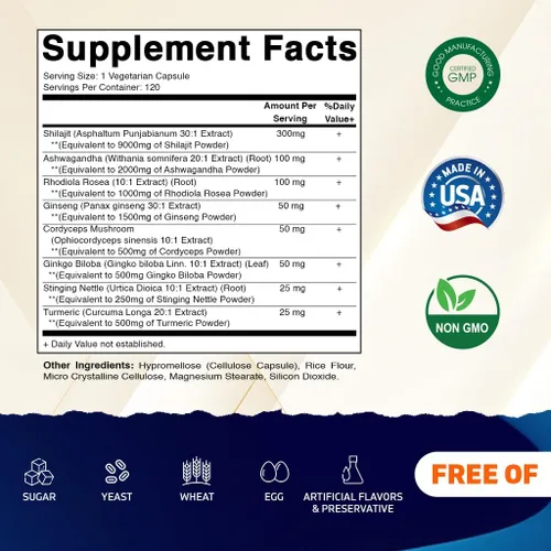 Vista 2 de Vitamatic Shilajit Complex Capsules, Made with Ashwagandha, Rhodiola, Ginseng, Cordyceps, Ginkgo, Nettle, Turmeric - 120 Veggie Capsules - Extra