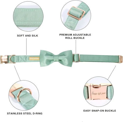 Vista 2 de Unique style paws Collar para perro, collar de seda verde con lazo, lazo suave, collar ajustable para mascotas, regalo para perros hembras o machos
