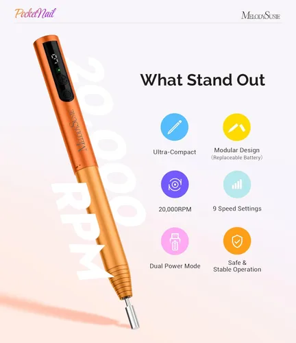 Vista 4 de MelodySusie PocketNail - Taladro de uñas modular inalámbrico en forma de bolígrafo, kit extendido, PC100GR 20000 RPM, lima eléctrica recargable
