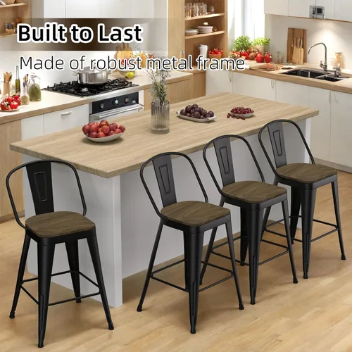 Vista 7 de Juego de 4 taburetes de bar de metal, taburetes de bar con respaldo alto con asiento de madera, taburetes de bar negros de 24 pulgadas para isla