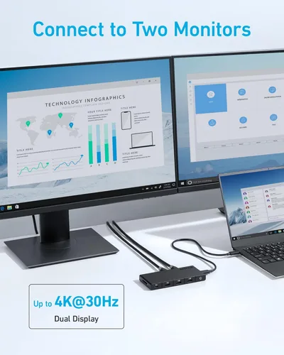 Vista 3 de Anker Hub USB C (10 en 1), monitor dual con HDMI 4K, entrega de potencia máxima de 100 W, puertos HDMI 4K duales, 4 puertos de datos USB-A/USB-C