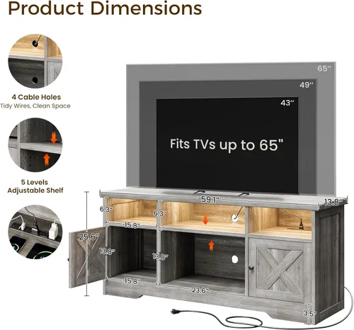 Vista 3 de Casaottima Soporte de TV para televisor de 65 pulgadas, centro de entretenimiento de estilo granja con toma de corriente y luz LED y gabinetes
