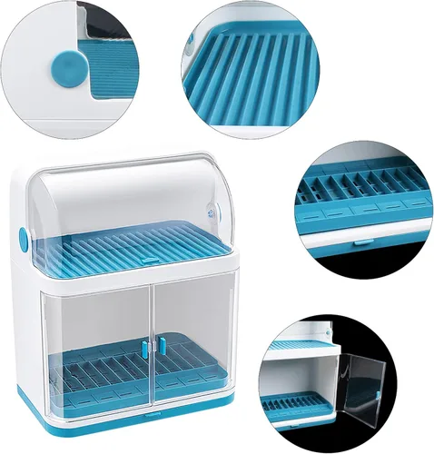 Vista 3 de Escurridor de platos de 2 niveles, tabla de drenaje con tapa, cubierta de plástico para polvo, plato de cocina, vasos, bandeja de secado de platos
