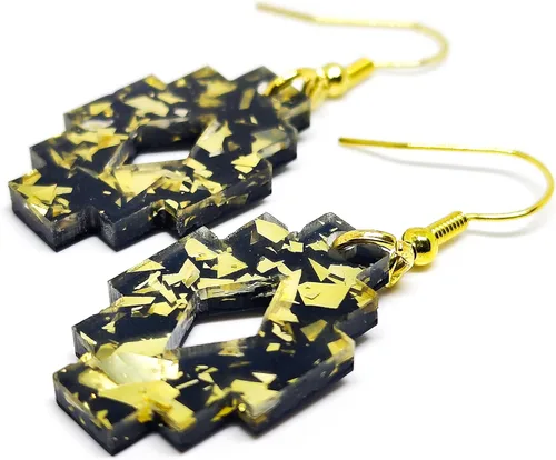 Vista 3 de Boho Black and Gold Sparkle Dangle & Drop Earrings, Handmade, Metal for Sensitive Ears- Statement Earrings (Aztec Dangle Earrings)