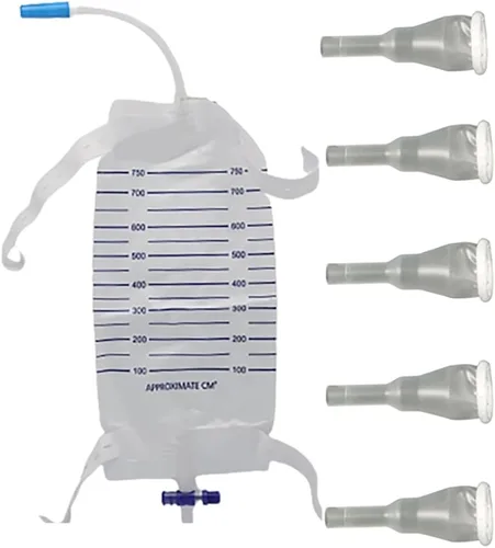Kit completo urinario 5 días 5 catéteres de condón externos auto-marino + bolsa para piernas de 25.4 fl oz + correas con un tubo de 5.9 pulgadas 5.9