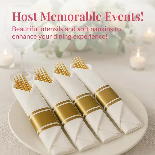 Vista 6 de Prestee Juego de cubiertos de plástico dorado de 100 piezas, 25 utensilios de plástico preenrollados con tenedores, cuchillos, cucharas