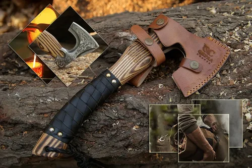 Vista 6 de QEPAA CRAFTS® Hacha Vikinga de 13 Pulgadas Forjada a Mano - Mango de Palisandro, Hachas y Hachetas, Hacha para Partir Leña, Hacha de Campamento