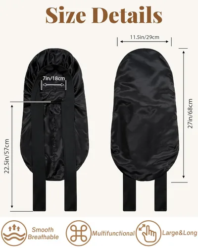 Vista 5 de AWAYTR Gorro largo de satén para trenzas, gorro elástico de seda para dormir, banda de amarre elástica para mujer (negro)