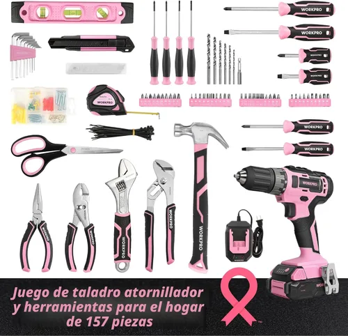Vista 2 de WORKPRO Kit de herramientas rosa con taladro, juego de herramientas con destornillador de iones de litio inalámbrico de 20 V, juego de taladro rosa