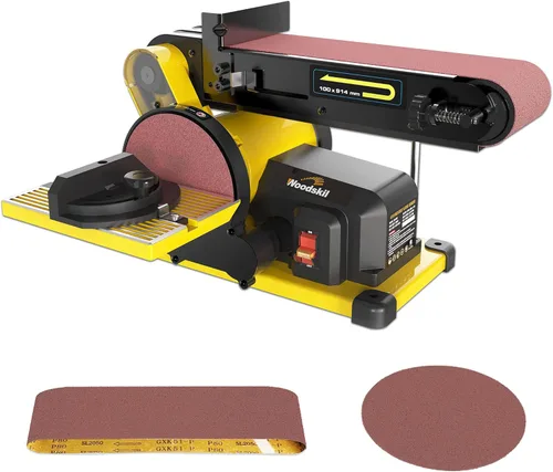 Woodskil Lijadora de correa de 43A 34HP de 4 x 36 pulgadas correa y 6 pulgadas lijadora de disco con 2 piezas de papel de lija base de acero y mesa