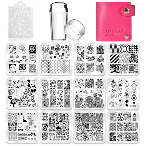 Vista 11 de Biutee Juego de placas de estampado de uñas, 10 piezas de sellos de uñas, raspador, kit de placas de arte de uñas, plantilla de placa de encaje