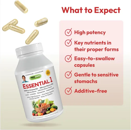 Vista 4 de Andrew Lessman Multivitamínico Essential 1, cápsulas pequeñas, 3000 UI Vitamina D3. 250 mcg de metilo B12. Lutein Lycopene Zeaxanthin. Más de 24