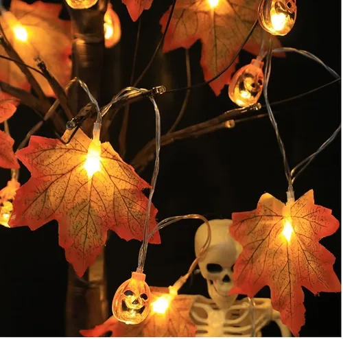 Vista 6 de Simulación LED de hoja de arce, cadena de luces de calabaza para Navidad, Halloween, habitación, patio, cadena de luz de color 24V enchufable 65.6