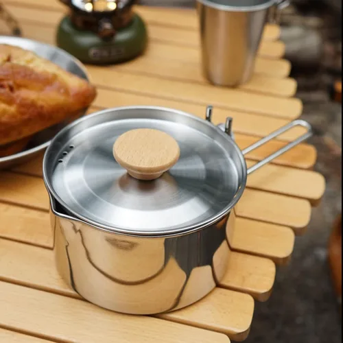 Vista 6 de Topyond Olla de utensilios de cocina portátil de acero inoxidable de 1 L, mango plegable, equipo de picnic para mochileros, cocina bushcraft