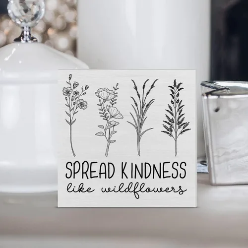 Vista 4 de Cartel de madera Spread Kindness Like Wildflowers, caja de madera con flores de granja, letrero de bloques de escritorio, letreros rústicos