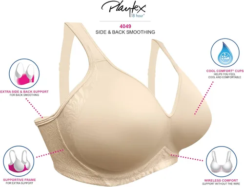 Vista 6 de Playtex Women's 18 Hour Seamless Smoothing Full Coverage Bra, Cool Comfort Wireless, Wire-Free, (1-Pack and 2-Pack), US4049