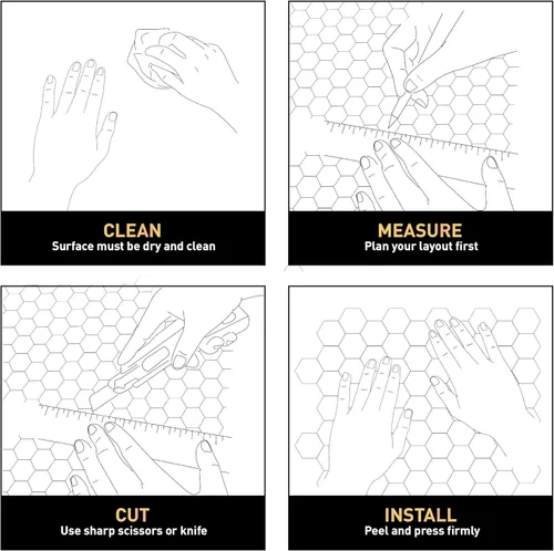 Vista 7 de Azulejo de pared para salpicaduras de pelar y pegar. 10 láminas autoadhesivas de mármol sintético hexagonal blanco y dorado de 11.6 x 11.5 pulgadas