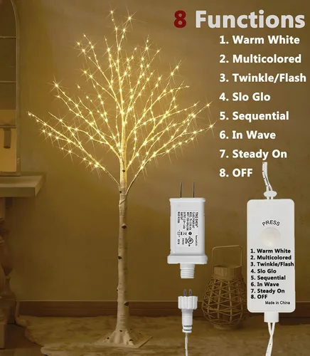 Vista 3 de LITBLOOM - Árbol de abedul iluminado blanco con enchufe, con 8 funciones, 1.5 metros, 255 luces multicolor y blancas cálidas para decoración