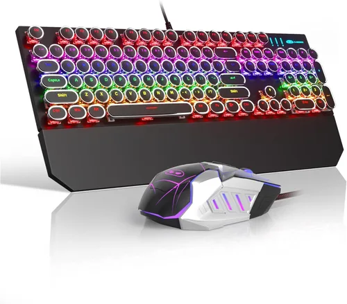 Vista 15 de Combo de teclado y mouse retro de máquina de escribir, bonito teclado blanco con interruptores lineales rojos, teclado mecánico con cable