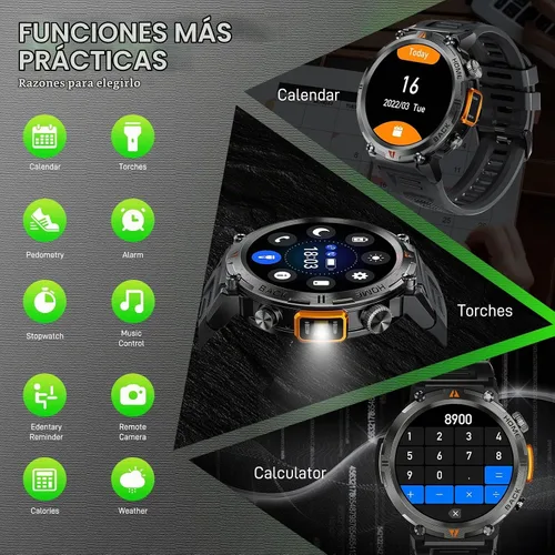 Vista 5 de Reloj inteligente militar para hombres con linterna LED 1.45 "HD Bluetooth Negro + correa de acero inoxidable extra