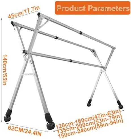 Vista 6 de Collapsible Stainless Steel Clothes Drying Rack – Adjustable & Foldable Laundry Rack with 20 Windproof Hooks – Space-Saving Garment Dryer for Indoor