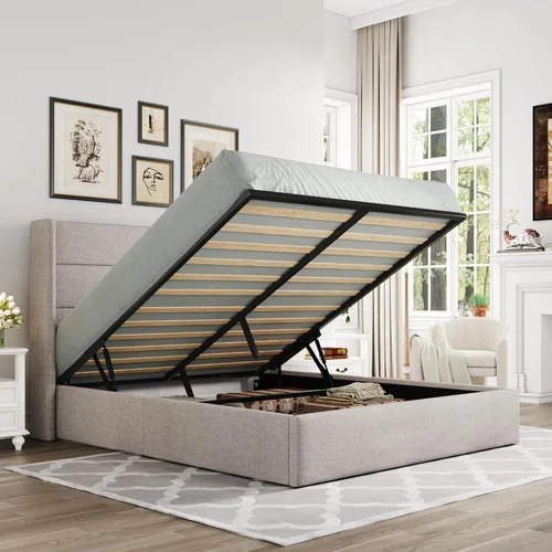Vista 31 de Allewie Cama de almacenamiento elevable tamaño Queen, cabecera moderna con respaldo alado, soporte hidráulico, no necesita somier, gris claro
