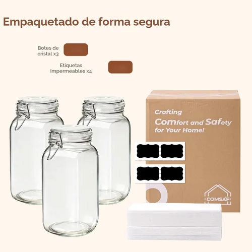 Vista 8 de ComSaf Tarros herméticos de vidrio con tapas de 0.6 galones, juego de 3, recipiente de almacenamiento de alimentos cuadrado con sello