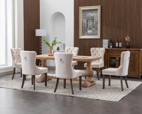 Vista 10 de KCC Juego de 6 sillas de comedor de terciopelo, silla de comedor tapizada de alta gama con respaldo acolchado, anillo de tracción de cabeza de Beige