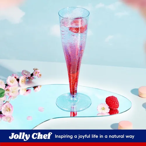 Vista 4 de JOLLY CHEF Paquete de 100 flautas de champán de plástico desechables de 4.5 oz, copas de champán de plástico con purpurina azul, adecuadas