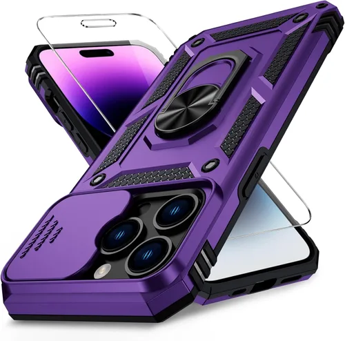 Vista 29 de Weycolor for iPhone 14 Case with Camera Lens Cover, HD Screen Protector, 10 FT Military Grade Drop Protection, Magnetic Ring Holder Kickstand