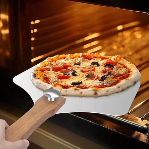 Vista 2 de Pala de pizza de aluminio de 12 x 14 pulgadas con mango de madera plegable, paleta de metal, cortador basculante y servidor para horno de pizza