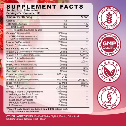 Vista 2 de Methylated Vitamin B Complex Gummies for Women & Men with Vitamin B1, B2, B3, B5, B6, B7, B9, B12 & Magnesium, Omega-3, CoQ10, Supports Brain