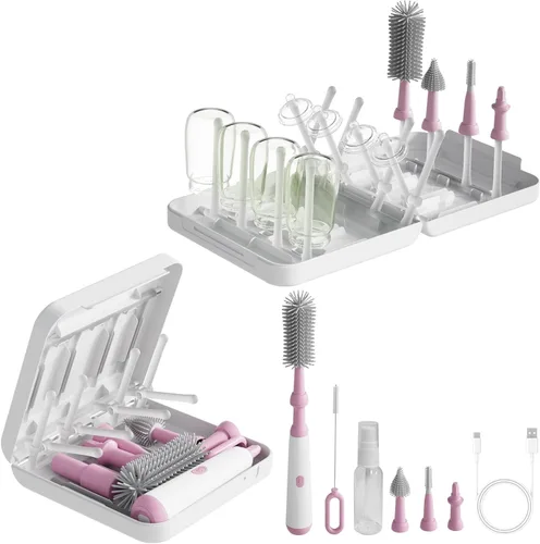 Vista 8 de Cepillo eléctrico para biberones con soporte, limpiador automático de acero inoxidable con mango de extensión, esponja, limpiador de agua