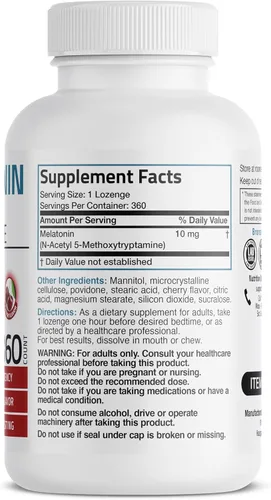 Vista 3 de Bronson Melatonina 10mg Tabletas de disolución rápida con sabor a cereza, pastillas masticables vegetarianas, 100