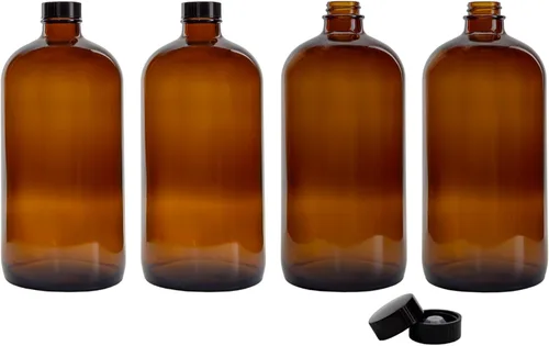 Cornucopia - Botellas de cultivo de kombucha ámbar de 32 onzas, paquete de 4, botellas redondas de vidrio Boston de 1 cuarto de galón con 6 tapas