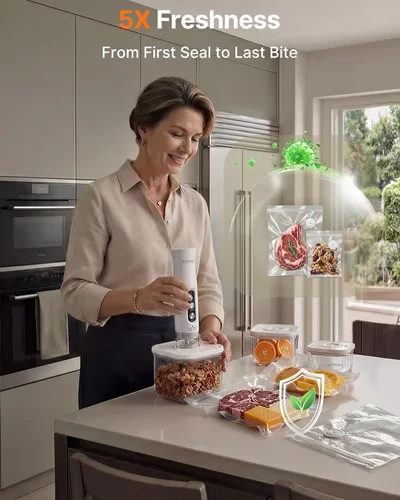 Vista 3 de FEPPO Compact Vacuum Sealer for Food (Vacuum Sealer Machine + 3 Containers + 10 Reusable Bags), Anti-Overflow Powerful Portable Handheld Food