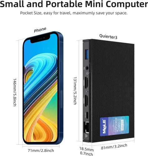Vista 5 de MeLE Quieter3Q Mini PC sin ventilador 8 GB DDR4 256 GB ROM Tiny Desktop PC Celeron N5105 (hasta 2.9 GHz) Micro computadora Dual HDMI 4K@60, montaje